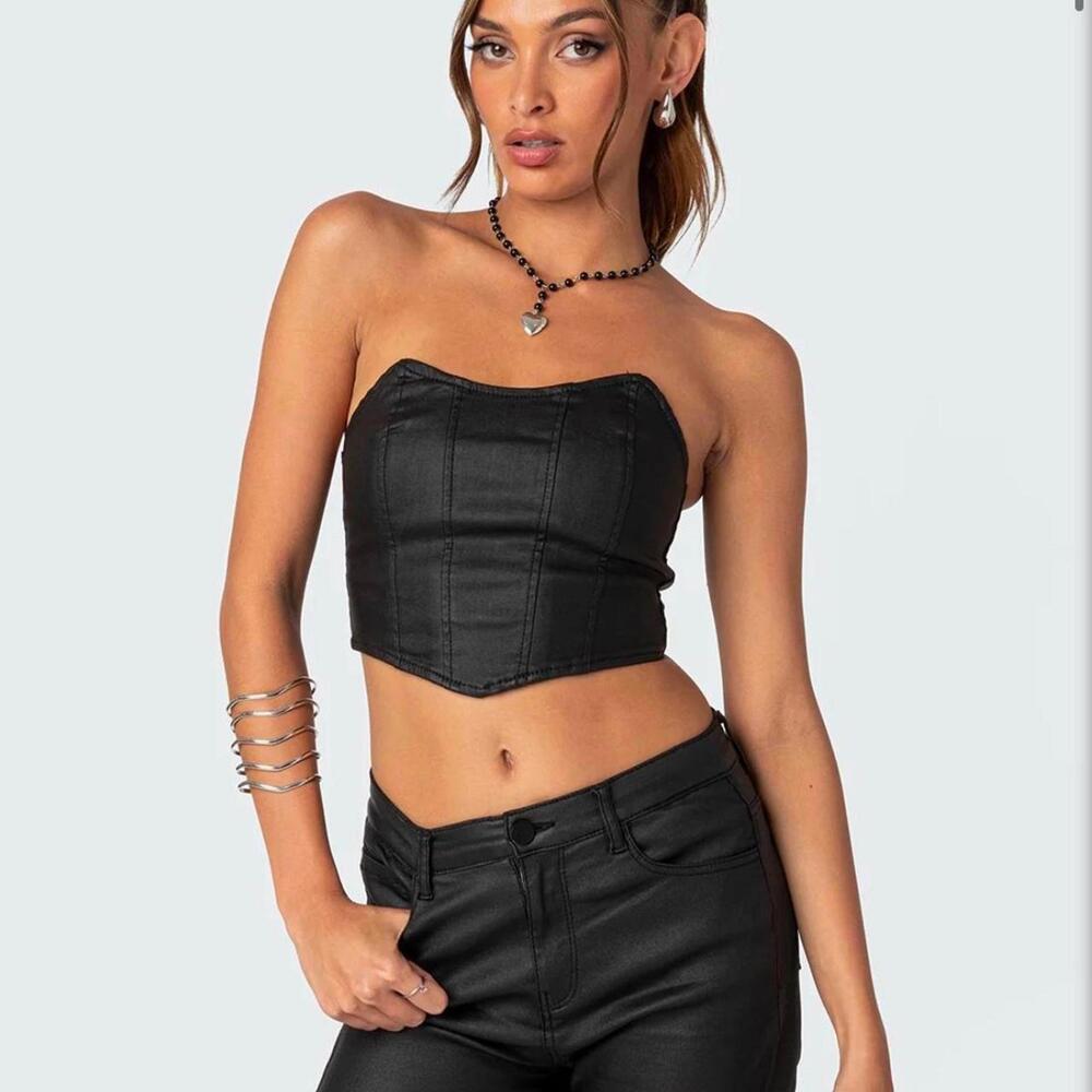 Edikted Black Faux Leather Stretch Corset Crop Top | Women's Small
